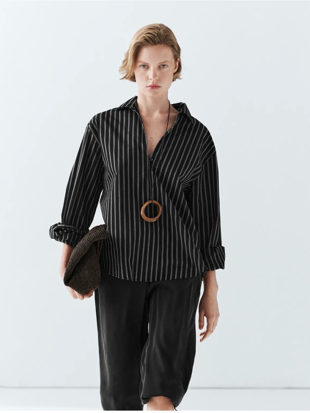 Massimo Dutti PinStripe Popover Blouse Minimalist Relaxed Button Shirt Medium